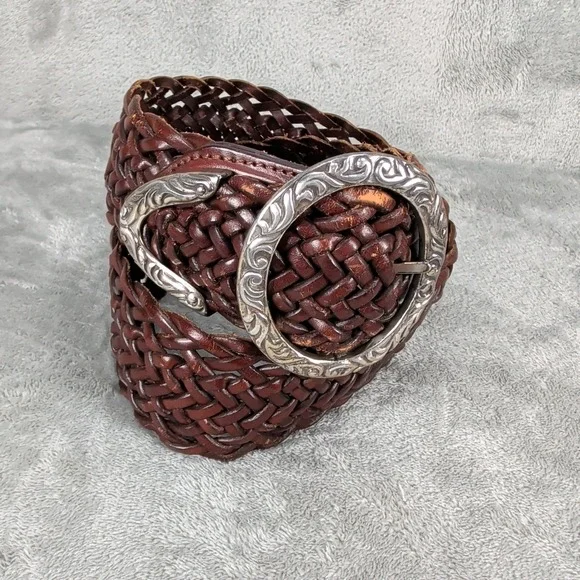VTG Brighton 91908 Braided Brown Leather Belt Silver Ornate Buckle Medium 90's - Picture 4 of 7